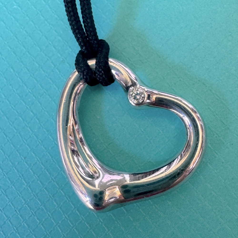 Tiffany Co Peretti Silver Diamond Open Heart Pendant Silk Cord Necklace 15.5”